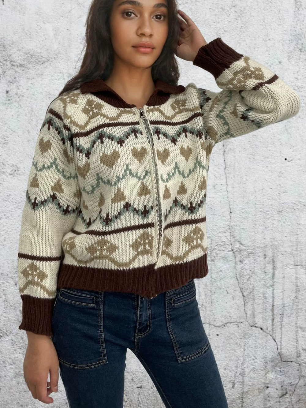 ZARA Womens Retro Zip Knit Cardigan Sweater Fall Winter Elegant Lapel Top